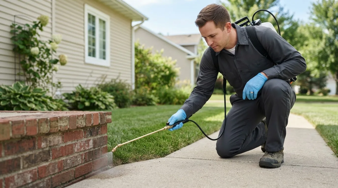 Pest control technician treating a home near New Philadelphia, PA